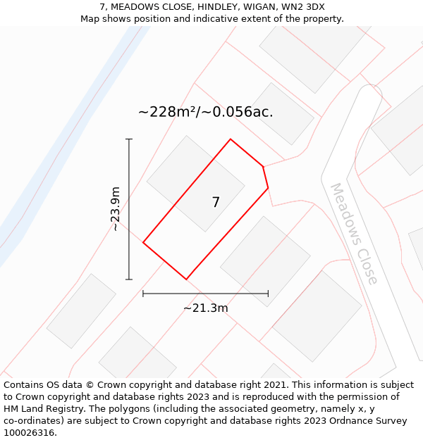 7, MEADOWS CLOSE, HINDLEY, WIGAN, WN2 3DX: Plot and title map