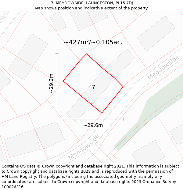 7, MEADOWSIDE, LAUNCESTON, PL15 7DJ: Plot and title map