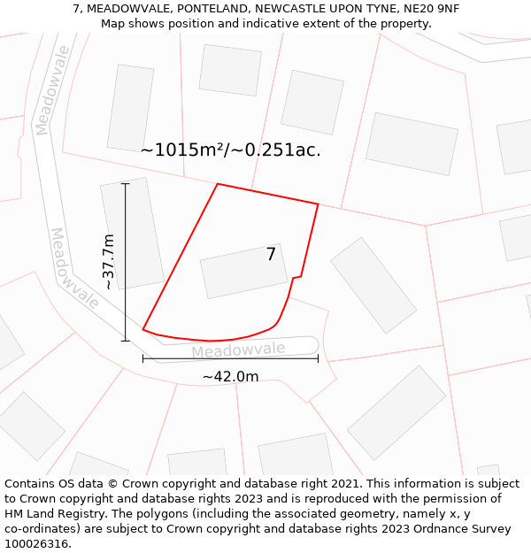 7, MEADOWVALE, PONTELAND, NEWCASTLE UPON TYNE, NE20 9NF: Plot and title map