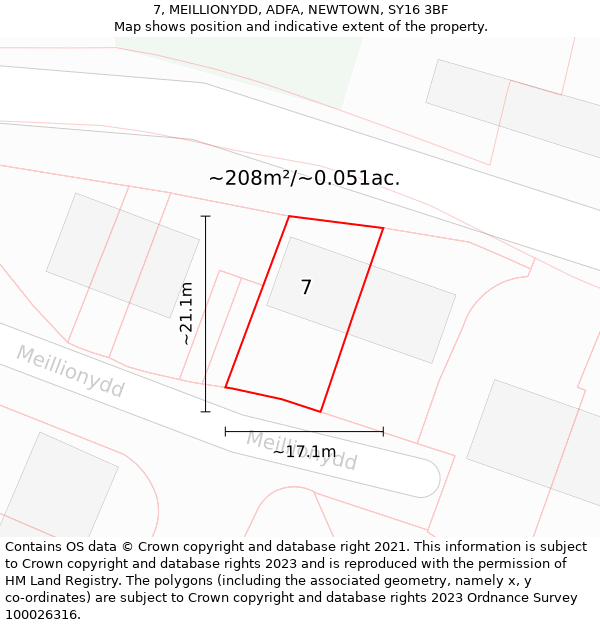 7, MEILLIONYDD, ADFA, NEWTOWN, SY16 3BF: Plot and title map