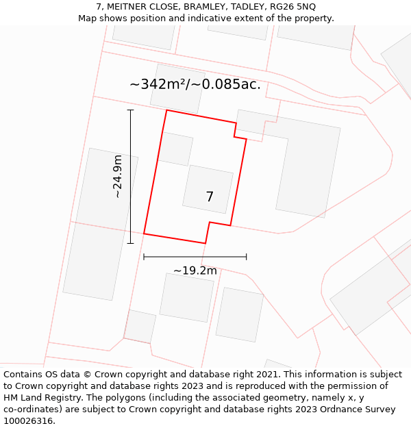 7, MEITNER CLOSE, BRAMLEY, TADLEY, RG26 5NQ: Plot and title map