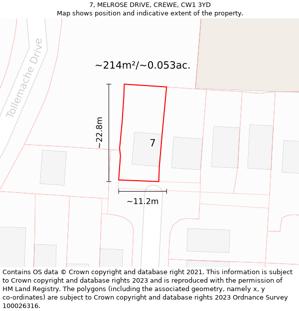 7, MELROSE DRIVE, CREWE, CW1 3YD: Plot and title map