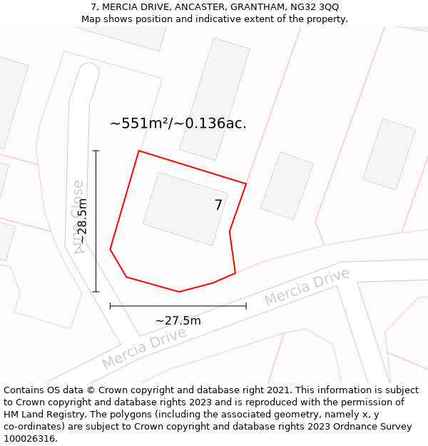 7, MERCIA DRIVE, ANCASTER, GRANTHAM, NG32 3QQ: Plot and title map