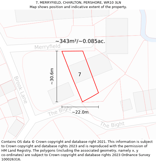 7, MERRYFIELD, CHARLTON, PERSHORE, WR10 3LN: Plot and title map