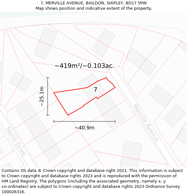 7, MERVILLE AVENUE, BAILDON, SHIPLEY, BD17 5PW: Plot and title map