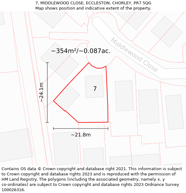 7, MIDDLEWOOD CLOSE, ECCLESTON, CHORLEY, PR7 5QG: Plot and title map