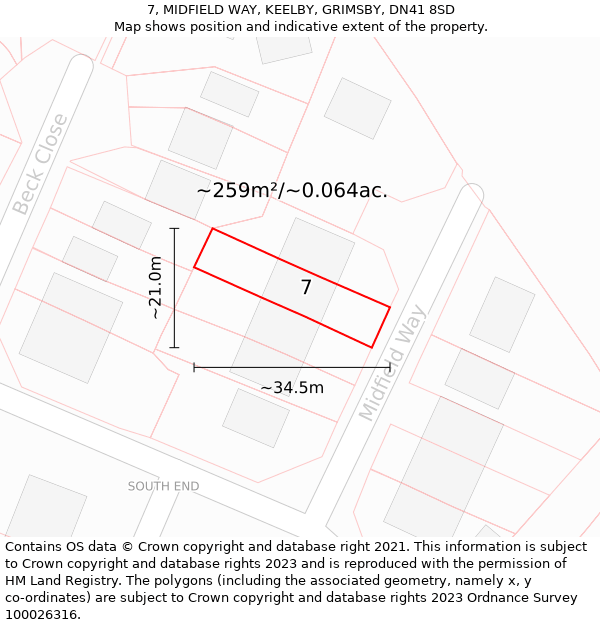 7, MIDFIELD WAY, KEELBY, GRIMSBY, DN41 8SD: Plot and title map