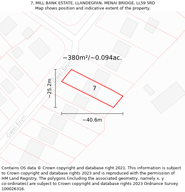 7, MILL BANK ESTATE, LLANDEGFAN, MENAI BRIDGE, LL59 5RD: Plot and title map