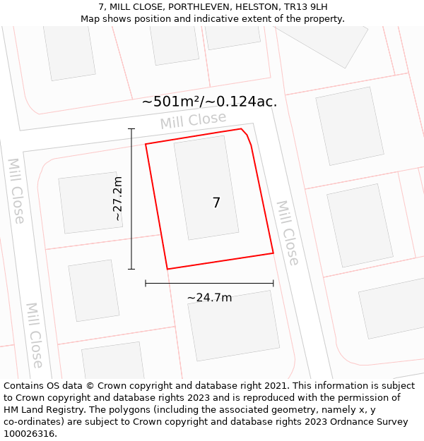 7, MILL CLOSE, PORTHLEVEN, HELSTON, TR13 9LH: Plot and title map