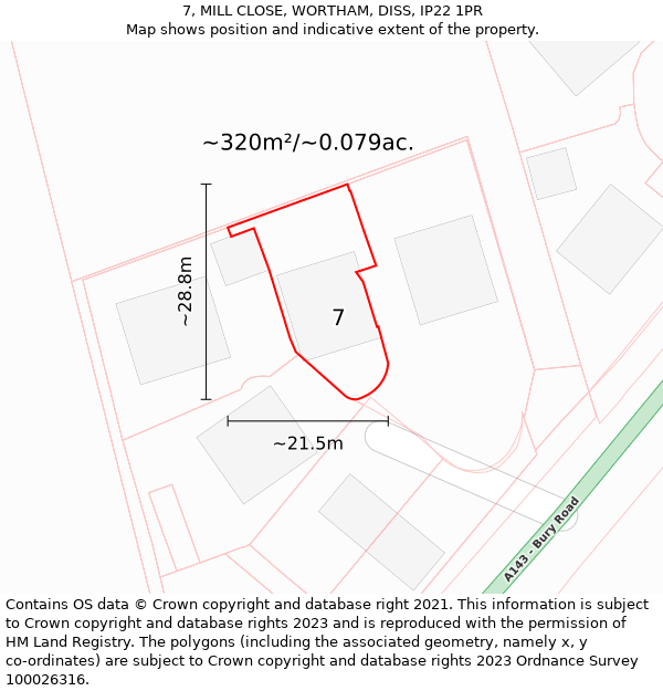 7, MILL CLOSE, WORTHAM, DISS, IP22 1PR: Plot and title map