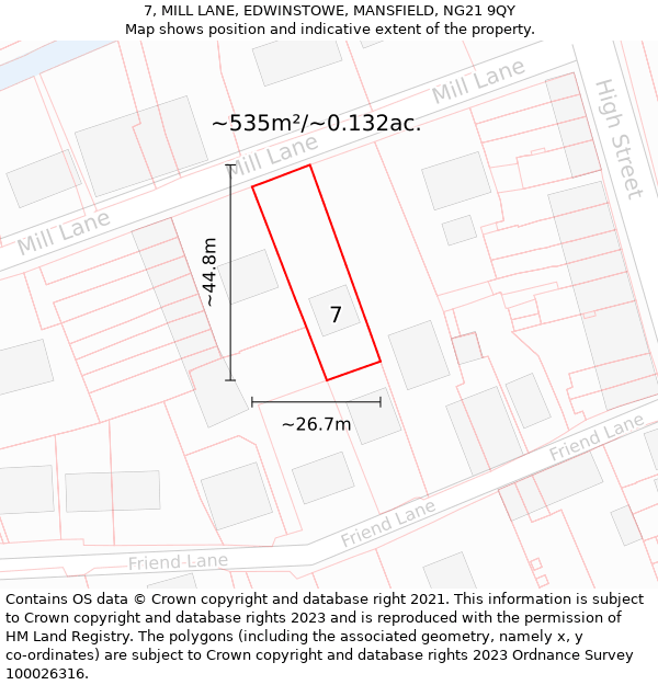 7, MILL LANE, EDWINSTOWE, MANSFIELD, NG21 9QY: Plot and title map