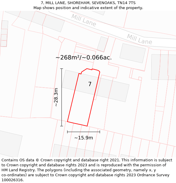 7, MILL LANE, SHOREHAM, SEVENOAKS, TN14 7TS: Plot and title map