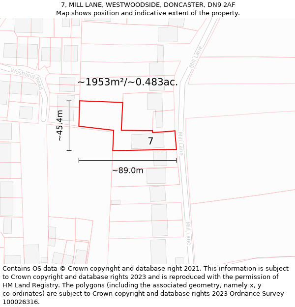 7, MILL LANE, WESTWOODSIDE, DONCASTER, DN9 2AF: Plot and title map