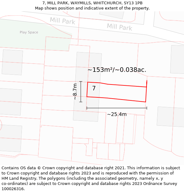 7, MILL PARK, WAYMILLS, WHITCHURCH, SY13 1PB: Plot and title map
