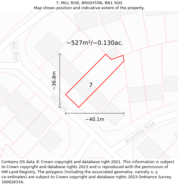 7, MILL RISE, BRIGHTON, BN1 5GD: Plot and title map