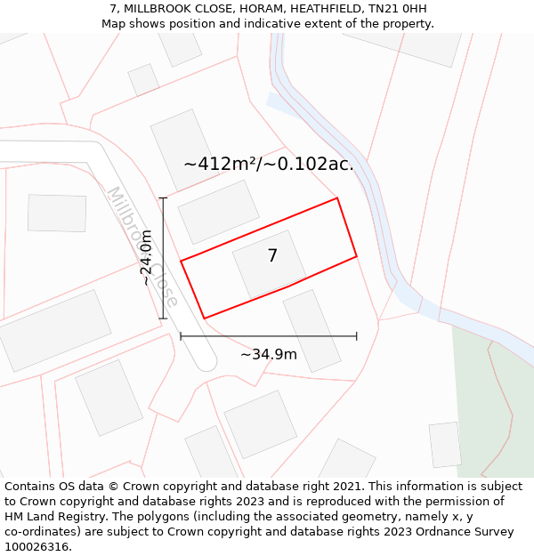 7, MILLBROOK CLOSE, HORAM, HEATHFIELD, TN21 0HH: Plot and title map