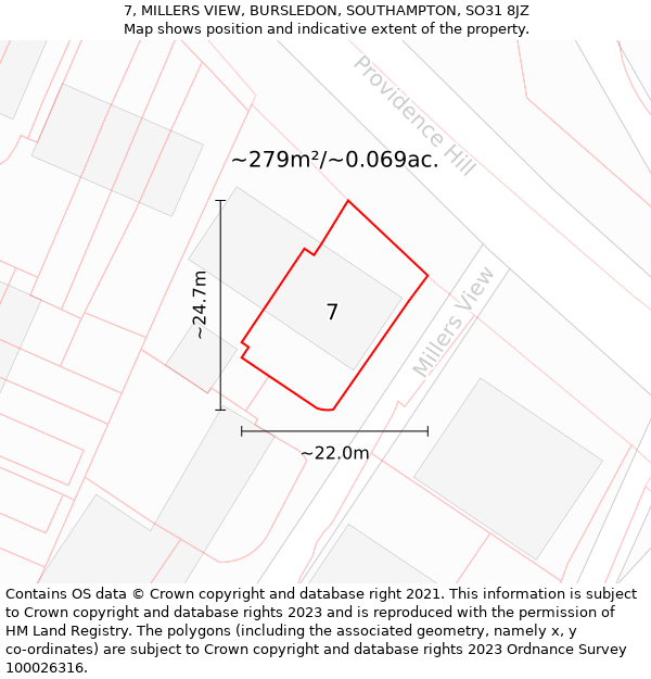 7, MILLERS VIEW, BURSLEDON, SOUTHAMPTON, SO31 8JZ: Plot and title map