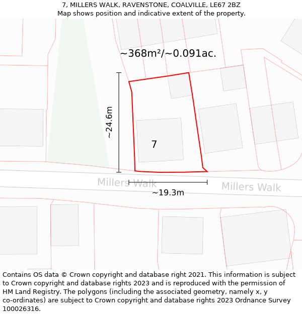 7, MILLERS WALK, RAVENSTONE, COALVILLE, LE67 2BZ: Plot and title map