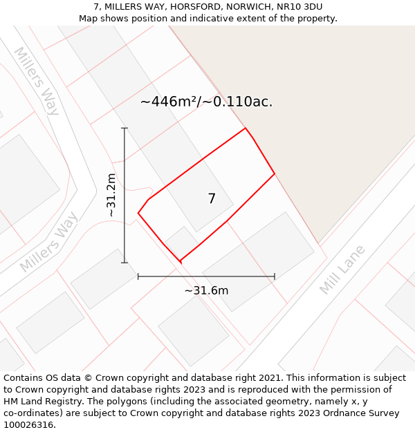 7, MILLERS WAY, HORSFORD, NORWICH, NR10 3DU: Plot and title map