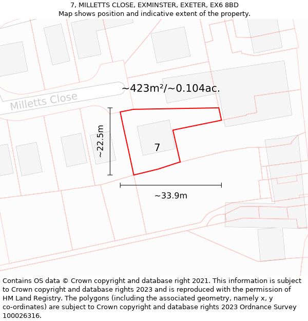 7, MILLETTS CLOSE, EXMINSTER, EXETER, EX6 8BD: Plot and title map