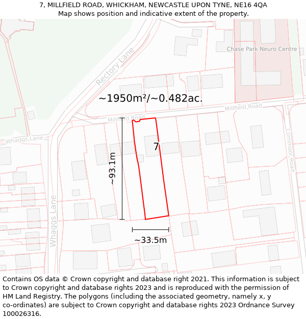 7, MILLFIELD ROAD, WHICKHAM, NEWCASTLE UPON TYNE, NE16 4QA: Plot and title map