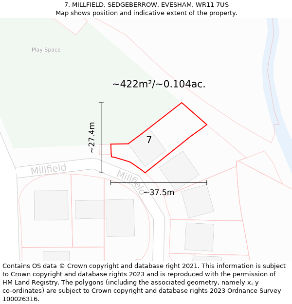 7, MILLFIELD, SEDGEBERROW, EVESHAM, WR11 7US: Plot and title map