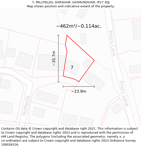 7, MILLFIELDS, DARSHAM, SAXMUNDHAM, IP17 3QJ: Plot and title map