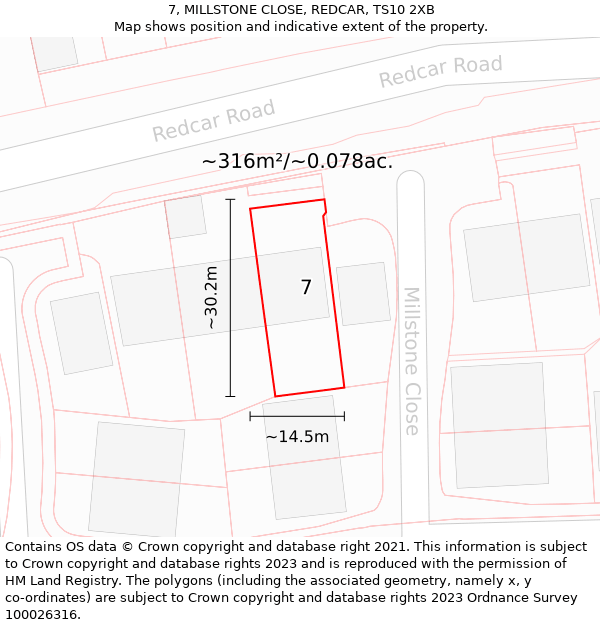 7, MILLSTONE CLOSE, REDCAR, TS10 2XB: Plot and title map