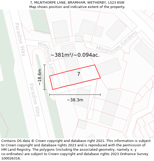 7, MILNTHORPE LANE, BRAMHAM, WETHERBY, LS23 6SW: Plot and title map