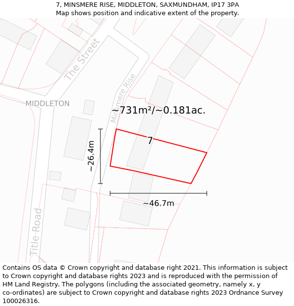 7, MINSMERE RISE, MIDDLETON, SAXMUNDHAM, IP17 3PA: Plot and title map