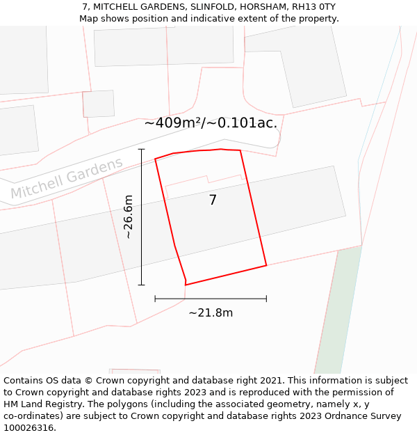 7, MITCHELL GARDENS, SLINFOLD, HORSHAM, RH13 0TY: Plot and title map