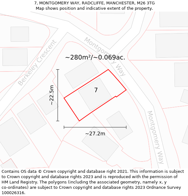 7, MONTGOMERY WAY, RADCLIFFE, MANCHESTER, M26 3TG: Plot and title map