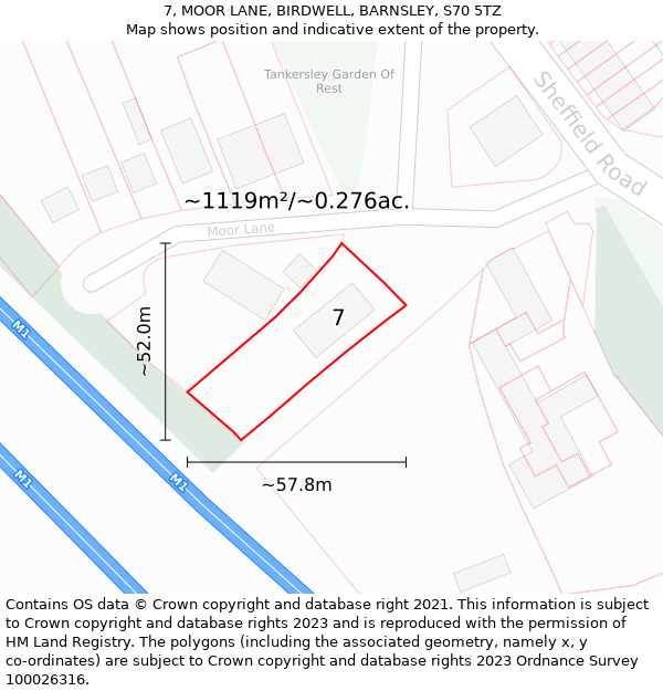 7, MOOR LANE, BIRDWELL, BARNSLEY, S70 5TZ: Plot and title map