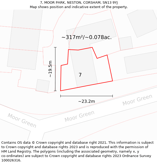 7, MOOR PARK, NESTON, CORSHAM, SN13 9YJ: Plot and title map