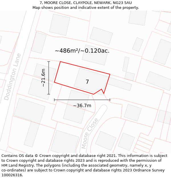 7, MOORE CLOSE, CLAYPOLE, NEWARK, NG23 5AU: Plot and title map