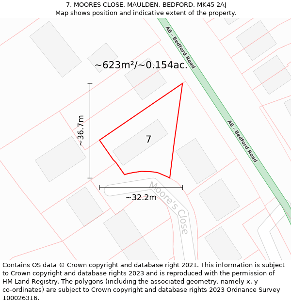 7, MOORES CLOSE, MAULDEN, BEDFORD, MK45 2AJ: Plot and title map