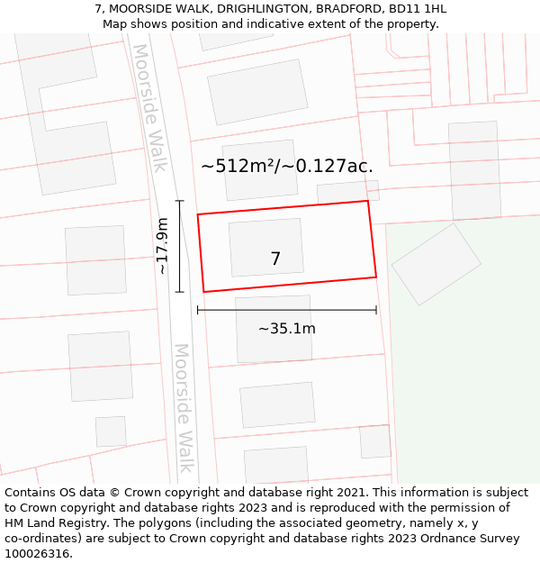 7, MOORSIDE WALK, DRIGHLINGTON, BRADFORD, BD11 1HL: Plot and title map
