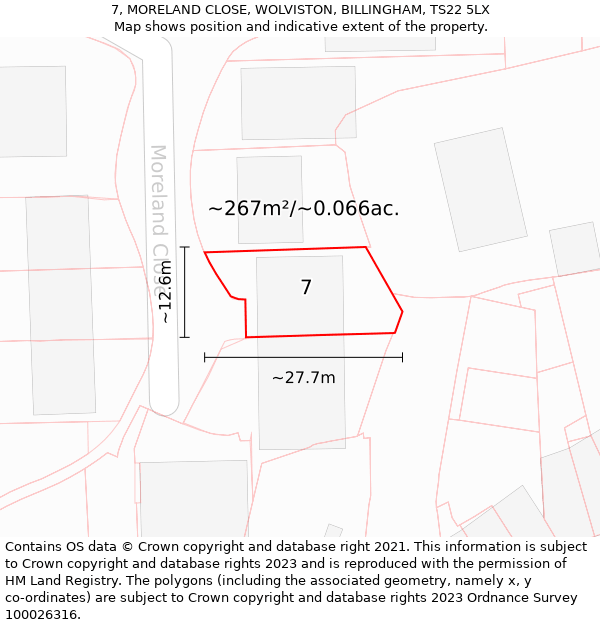 7, MORELAND CLOSE, WOLVISTON, BILLINGHAM, TS22 5LX: Plot and title map