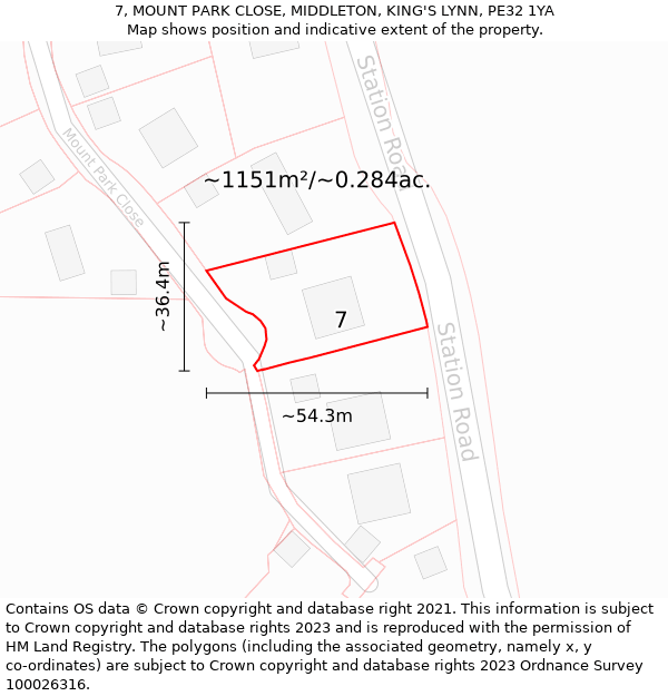 7, MOUNT PARK CLOSE, MIDDLETON, KING'S LYNN, PE32 1YA: Plot and title map