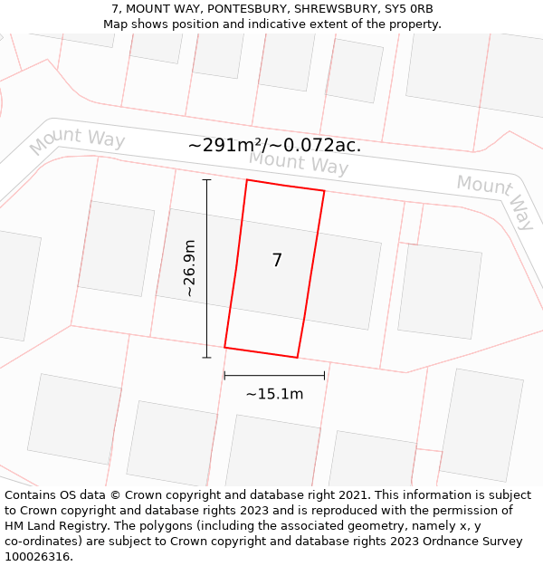 7, MOUNT WAY, PONTESBURY, SHREWSBURY, SY5 0RB: Plot and title map