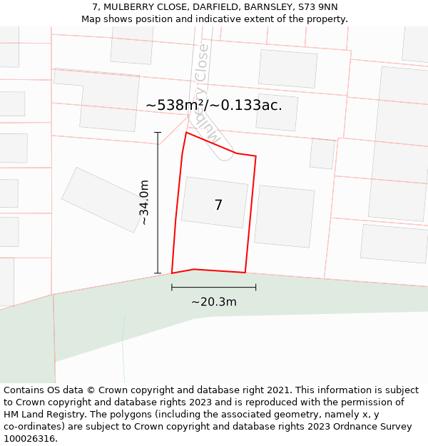 7, MULBERRY CLOSE, DARFIELD, BARNSLEY, S73 9NN: Plot and title map