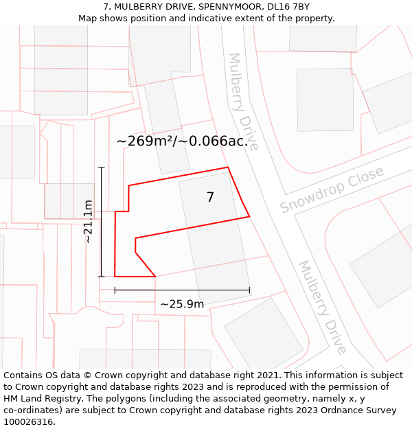 7, MULBERRY DRIVE, SPENNYMOOR, DL16 7BY: Plot and title map