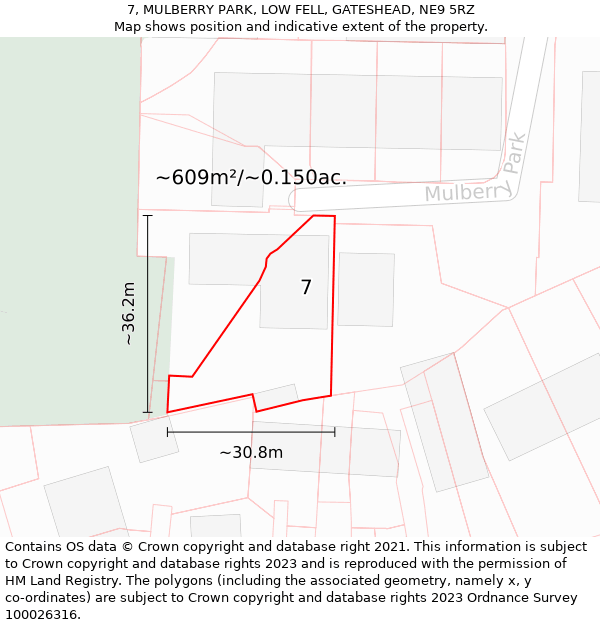 7, MULBERRY PARK, LOW FELL, GATESHEAD, NE9 5RZ: Plot and title map