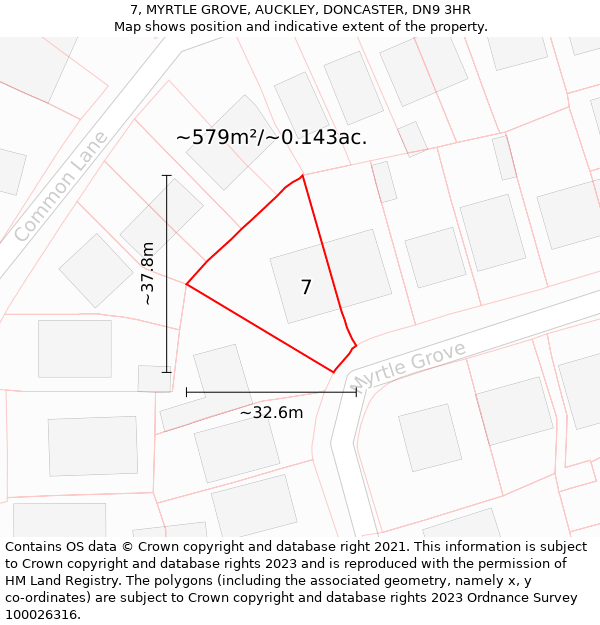 7, MYRTLE GROVE, AUCKLEY, DONCASTER, DN9 3HR: Plot and title map