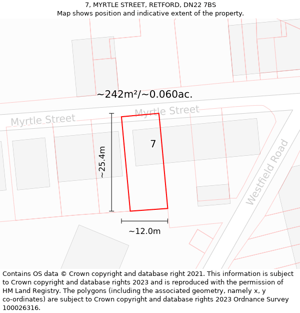 7, MYRTLE STREET, RETFORD, DN22 7BS: Plot and title map