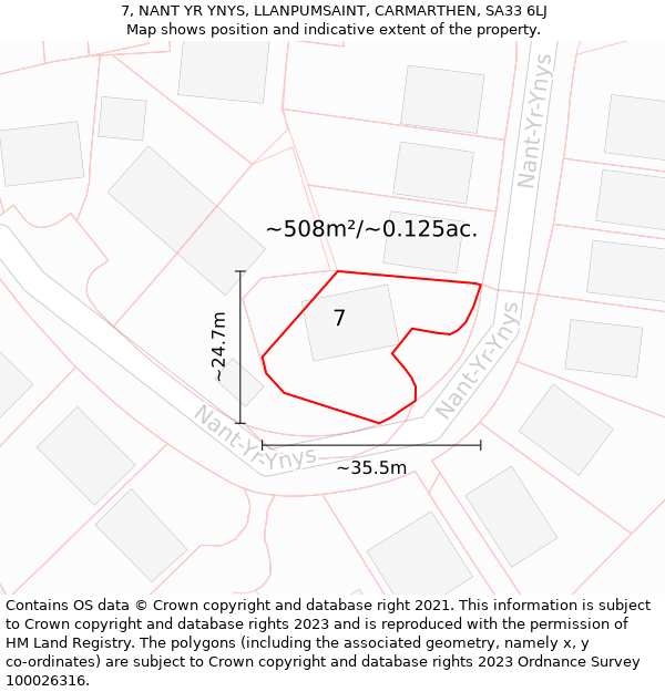 7, NANT YR YNYS, LLANPUMSAINT, CARMARTHEN, SA33 6LJ: Plot and title map