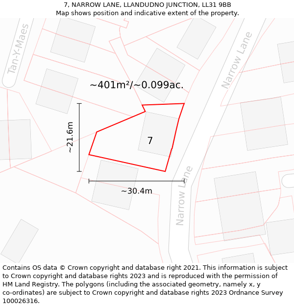 7, NARROW LANE, LLANDUDNO JUNCTION, LL31 9BB: Plot and title map