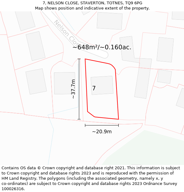 7, NELSON CLOSE, STAVERTON, TOTNES, TQ9 6PG: Plot and title map