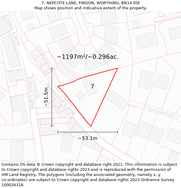 7, NEPCOTE LANE, FINDON, WORTHING, BN14 0SF: Plot and title map