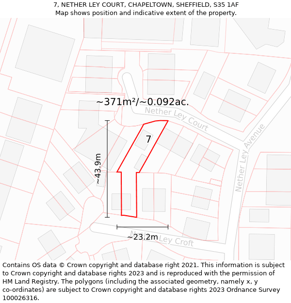 7, NETHER LEY COURT, CHAPELTOWN, SHEFFIELD, S35 1AF: Plot and title map